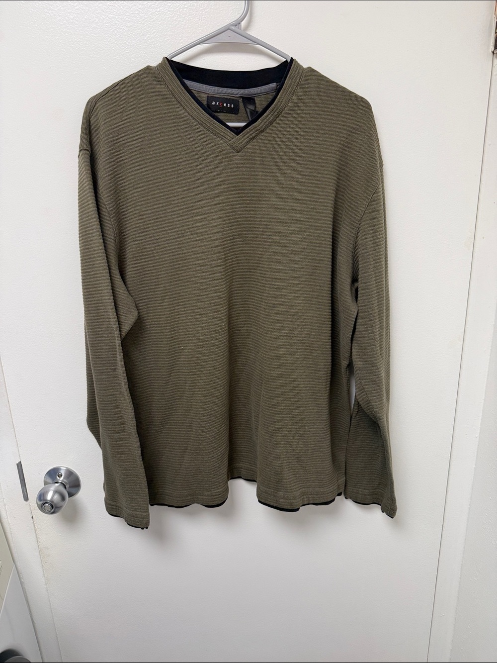 Mens Olive Waffle V-Neck Sweater by Axcess